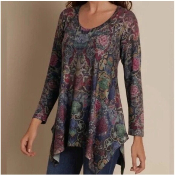 Soft Surroundings Emilie Tunic Top Size PS Petite Scoop Neck Knit Floral Paisley - Picture 1 of 8